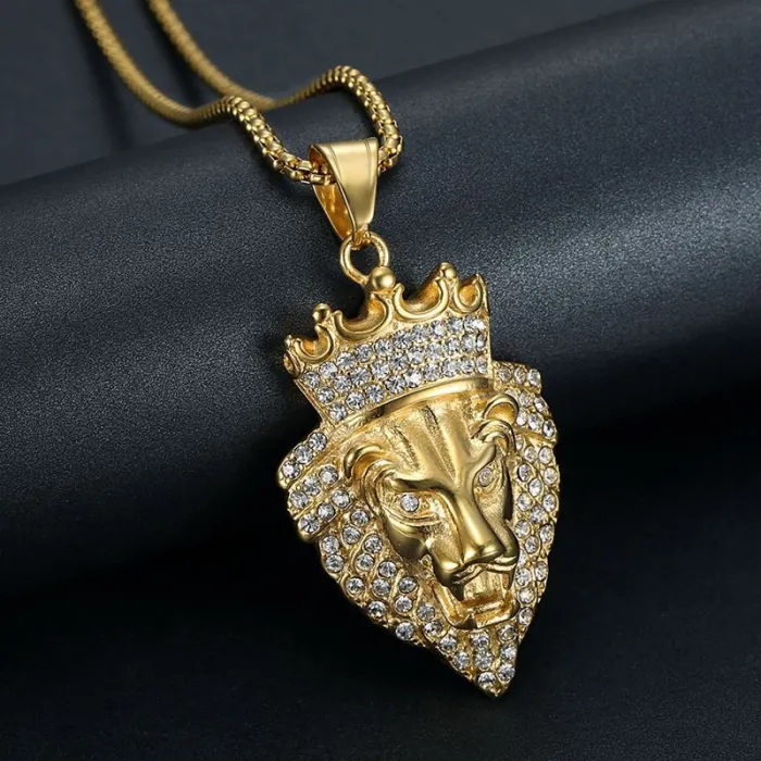 Wholesale Crown Lion Head Pendant – Bulk Gold-Plated Titanium Steel Hip Hop Necklace with CZ Bling at Factory Price