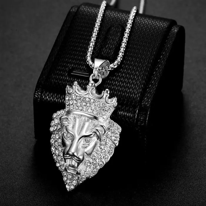 Wholesale Crown Lion Head Pendant – Bulk Gold-Plated Titanium Steel Hip Hop Necklace with CZ Bling at Factory Price