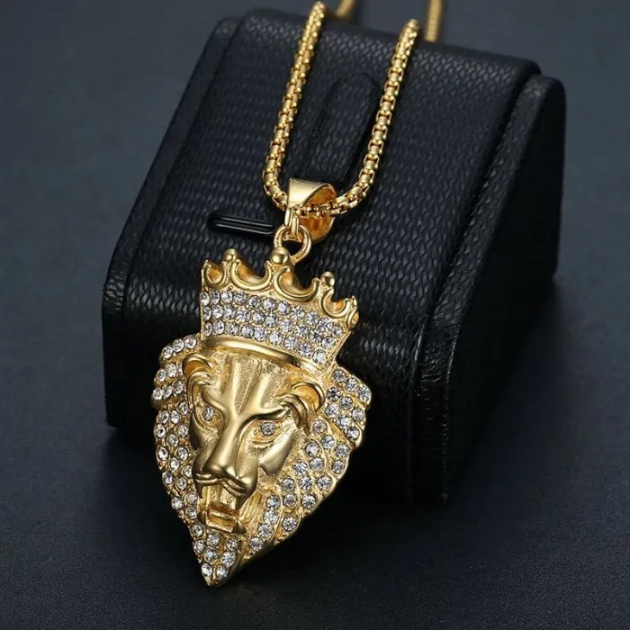 Wholesale Crown Lion Head Pendant – Bulk Gold-Plated Titanium Steel Hip Hop Necklace with CZ Bling at Factory Price