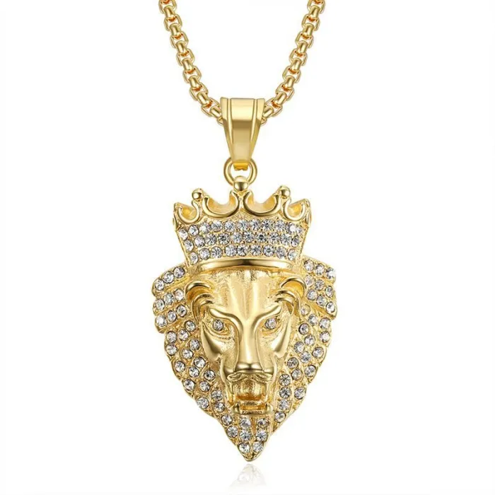 Wholesale Crown Lion Head Pendant – Bulk Gold-Plated Titanium Steel Hip Hop Necklace with CZ Bling at Factory Price
