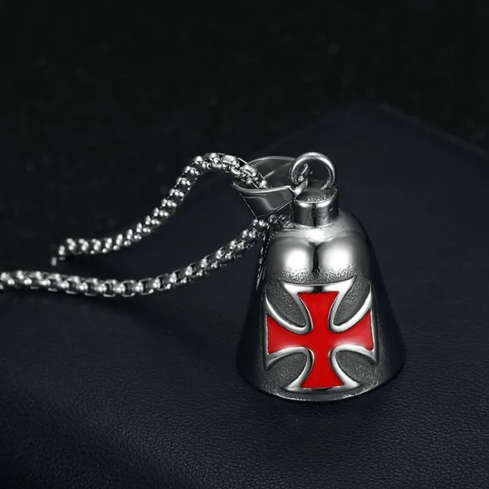 Wholesale Cross Biker Bell Pendant – Bulk Polished Titanium Steel Gothic Punk Charm with Red & Black Enamel at Factory Price