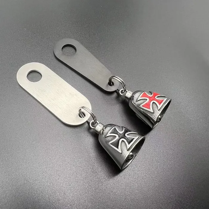 Wholesale Cross Biker Bell Pendant – Bulk Polished Titanium Steel Gothic Punk Charm with Red & Black Enamel at Factory Price