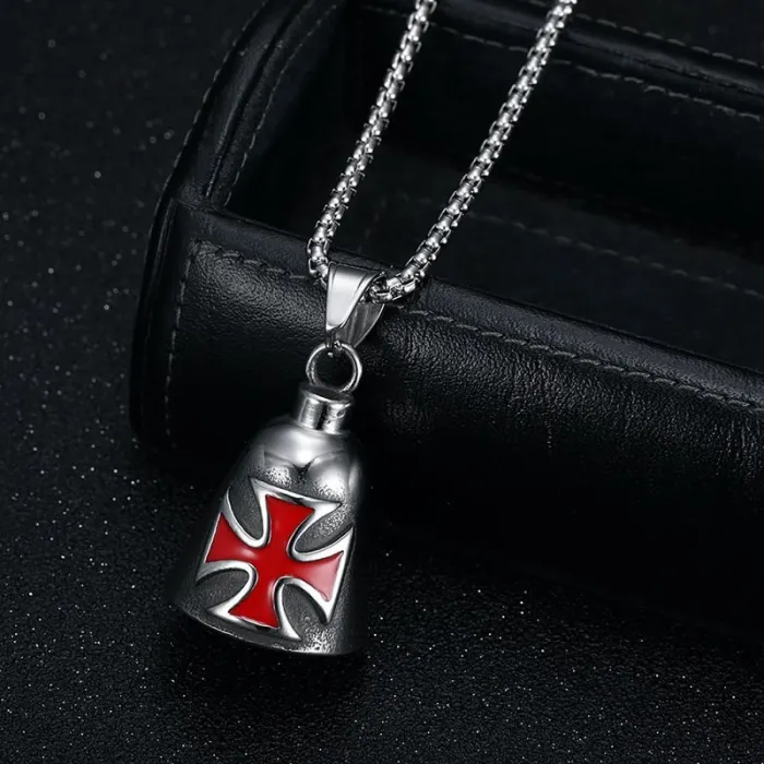 Wholesale Cross Biker Bell Pendant – Bulk Polished Titanium Steel Gothic Punk Charm with Red & Black Enamel at Factory Price