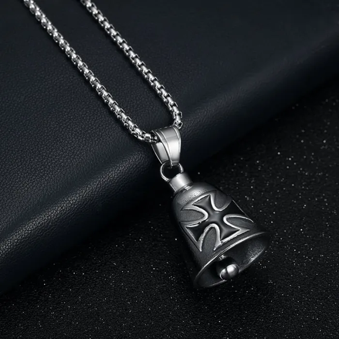 Wholesale Cross Biker Bell Pendant – Bulk Polished Titanium Steel Gothic Punk Charm with Red & Black Enamel at Factory Price