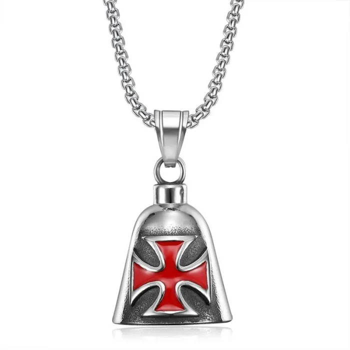 Wholesale Cross Biker Bell Pendant – Bulk Polished Titanium Steel Gothic Punk Charm with Red & Black Enamel at Factory Price