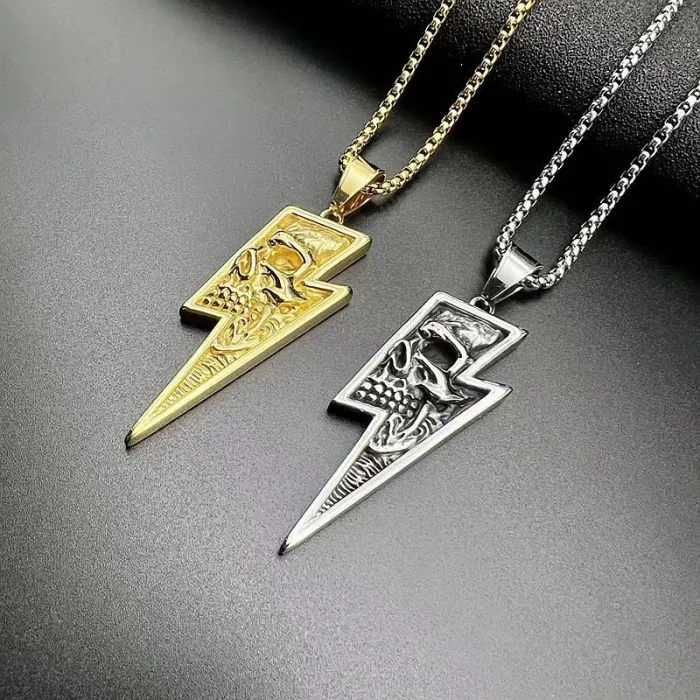 Wholesale Punk Skull Pendant Necklace – Bulk Lightning Titanium Steel Jewelry for Men at Factory Price