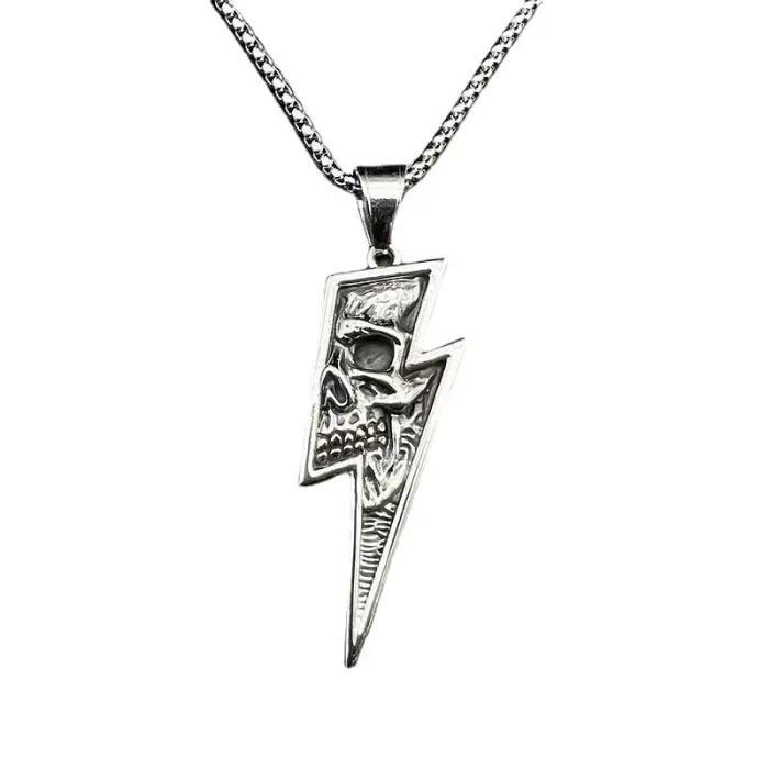 Wholesale Punk Skull Pendant Necklace – Bulk Lightning Titanium Steel Jewelry for Men at Factory Price
