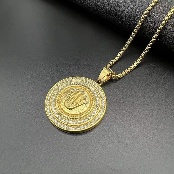 Wholesale Crown Bead Pendant Necklace – Bulk Gold-Plated Titanium Steel Hip Hop Jewelry with CZ at Factory Price