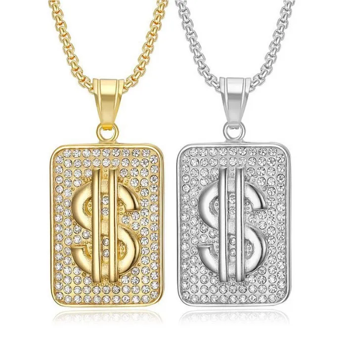 Wholesale Hip Hop Dollar Bill Rectangle Pendant Necklace | Stainless Steel Vacuum Plated Bulk Supplier & Factory Price