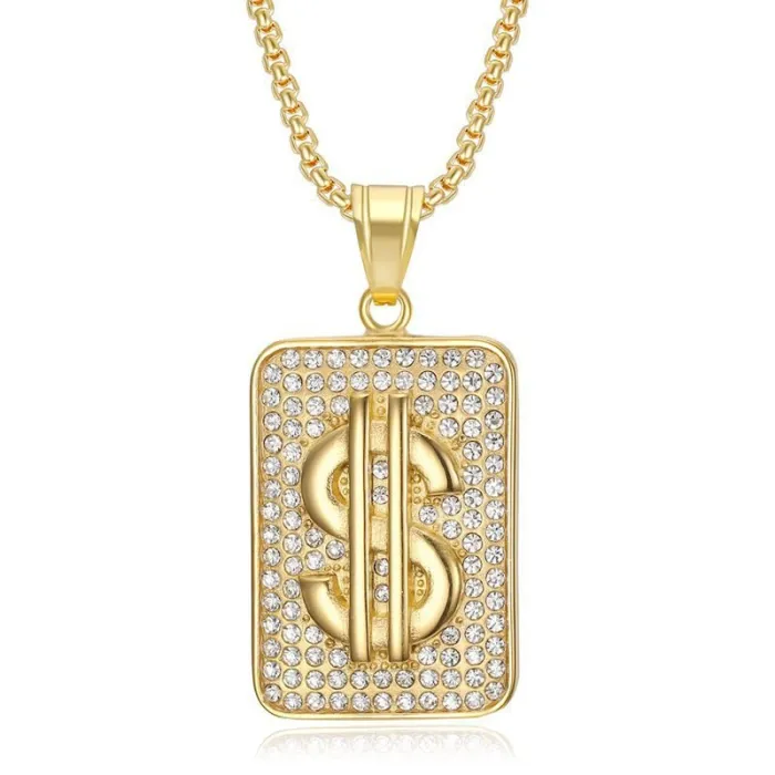 Wholesale Hip Hop Dollar Bill Rectangle Pendant Necklace | Stainless Steel Vacuum Plated Bulk Supplier & Factory Price