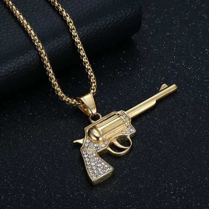 Wholesale Hip Hop Revolver Gun Pendant Necklace | Titanium Steel Vacuum Plated Bulk Supplier & Factory Price