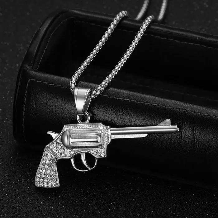 Wholesale Hip Hop Revolver Gun Pendant Necklace | Titanium Steel Vacuum Plated Bulk Supplier & Factory Price
