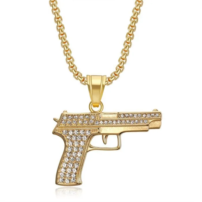 Wholesale Hip Hop 1911 Pistol Full CZ Pendant Necklace | Titanium Steel Vacuum Plated Bulk Supplier & Factory Price