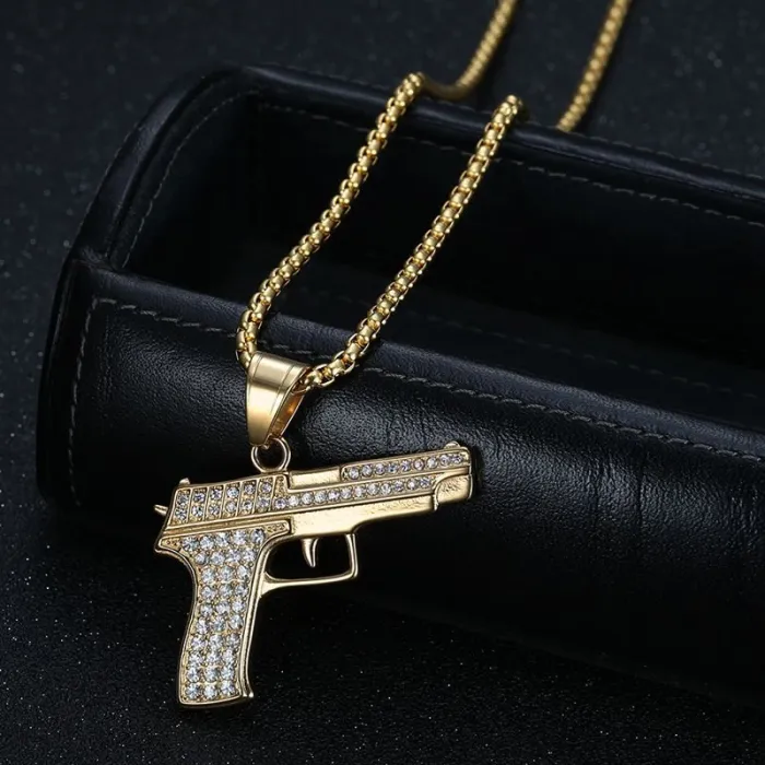Wholesale Hip Hop 1911 Pistol Full CZ Pendant Necklace | Titanium Steel Vacuum Plated Bulk Supplier & Factory Price