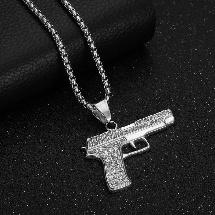 Wholesale Hip Hop 1911 Pistol Full CZ Pendant Necklace | Titanium Steel Vacuum Plated Bulk Supplier & Factory Price