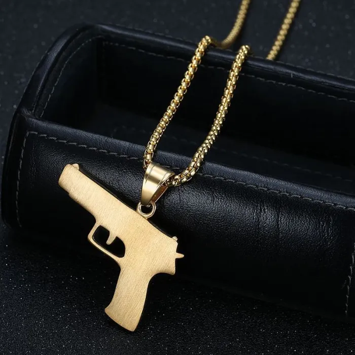 Wholesale Hip Hop 1911 Pistol Full CZ Pendant Necklace | Titanium Steel Vacuum Plated Bulk Supplier & Factory Price