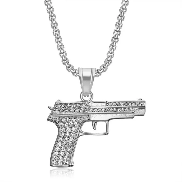 Wholesale Hip Hop 1911 Pistol Full CZ Pendant Necklace | Titanium Steel Vacuum Plated Bulk Supplier & Factory Price