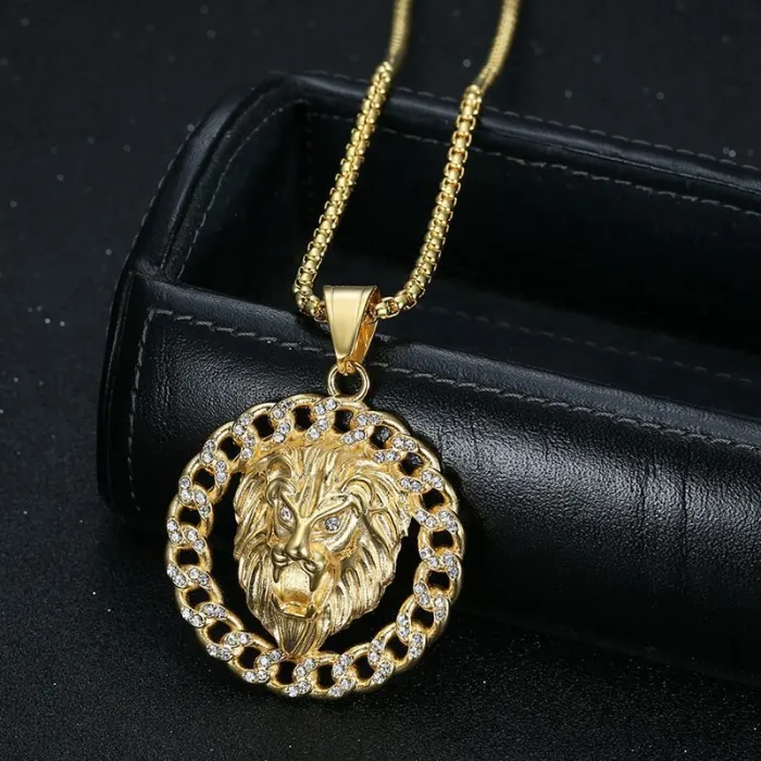 Wholesale Hip Hop Lion Head Pendant Necklace | Titanium Steel Gold Plated CZ Bulk Supplier & Factory Price