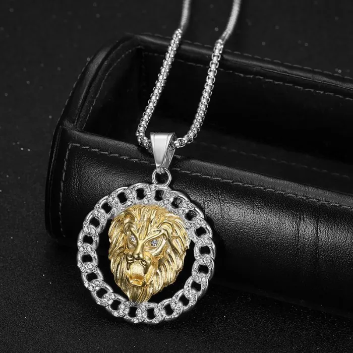 Wholesale Hip Hop Lion Head Pendant Necklace | Titanium Steel Gold Plated CZ Bulk Supplier & Factory Price