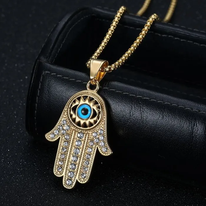 Wholesale Hip Hop Hamsa Hand Blue Eye Pendant Necklace | Stainless Steel Gold Plated CZ Bulk Supplier & Factory Price