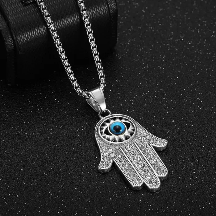 Wholesale Hip Hop Hamsa Hand Blue Eye Pendant Necklace | Stainless Steel Gold Plated CZ Bulk Supplier & Factory Price