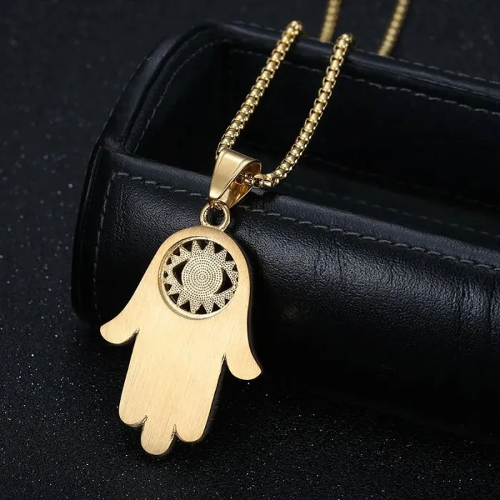 Wholesale Hip Hop Hamsa Hand Blue Eye Pendant Necklace | Stainless Steel Gold Plated CZ Bulk Supplier & Factory Price