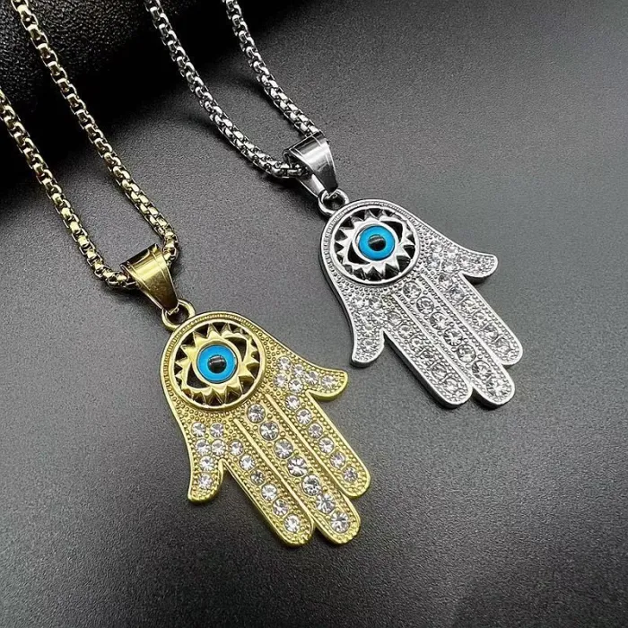 Wholesale Hip Hop Hamsa Hand Blue Eye Pendant Necklace | Stainless Steel Gold Plated CZ Bulk Supplier & Factory Price