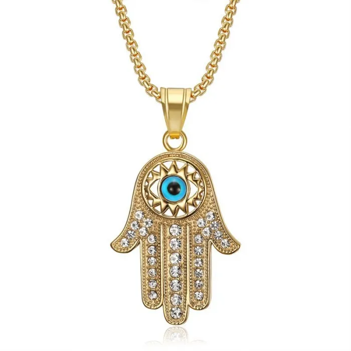 Wholesale Hip Hop Hamsa Hand Blue Eye Pendant Necklace | Stainless Steel Gold Plated CZ Bulk Supplier & Factory Price