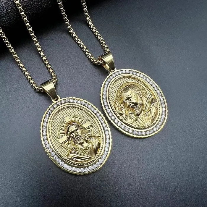 Wholesale Hip Hop Jesus Saint Relief Pendant Necklace | Stainless Steel Gold Plated CZ Bulk Supplier & Factory Price