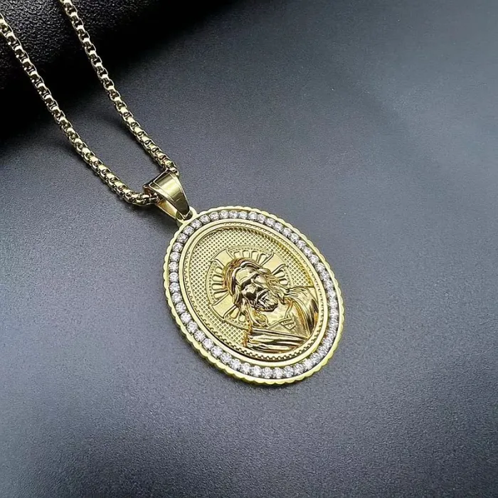 Wholesale Hip Hop Jesus Saint Relief Pendant Necklace | Stainless Steel Gold Plated CZ Bulk Supplier & Factory Price