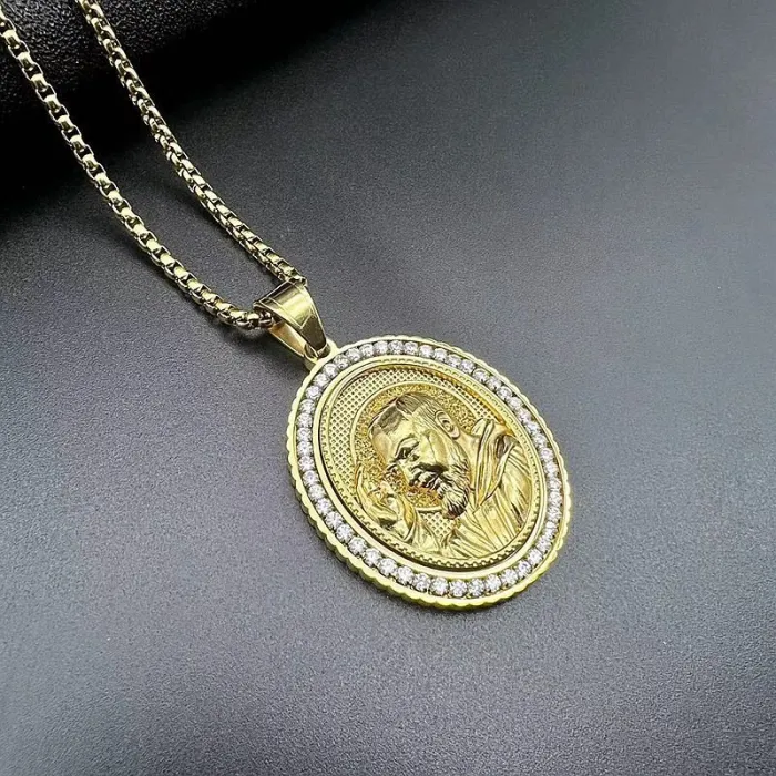 Wholesale Hip Hop Jesus Saint Relief Pendant Necklace | Stainless Steel Gold Plated CZ Bulk Supplier & Factory Price