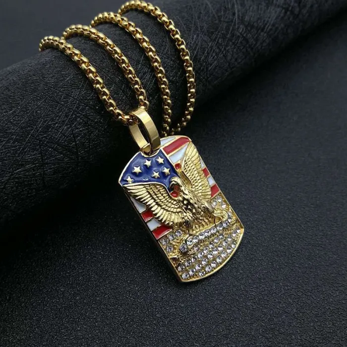 Wholesale Hip Hop Flag Eagle Pendant Necklace | Titanium Steel Gold Plated CZ Bulk Supplier & Factory Price