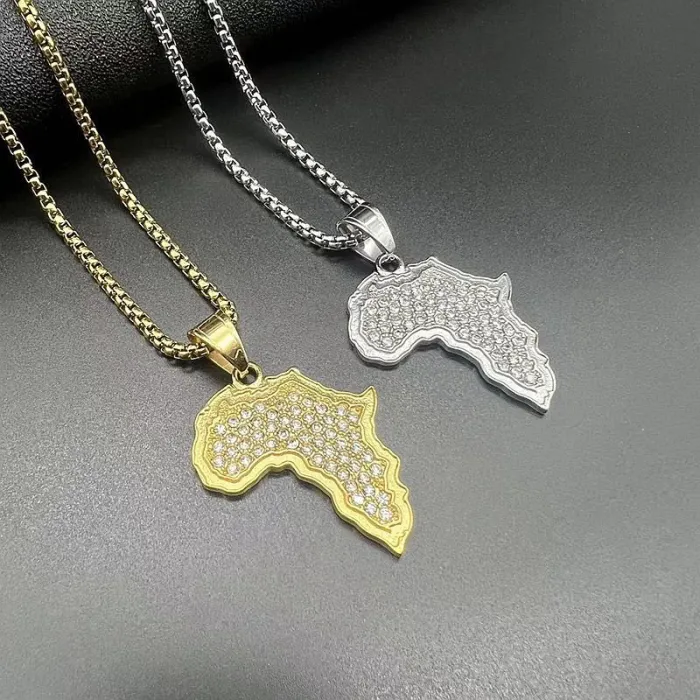 Wholesale Hip Hop Africa Map Pendant Necklace | Titanium Steel Gold Plated CZ Bulk Supplier & Factory Price