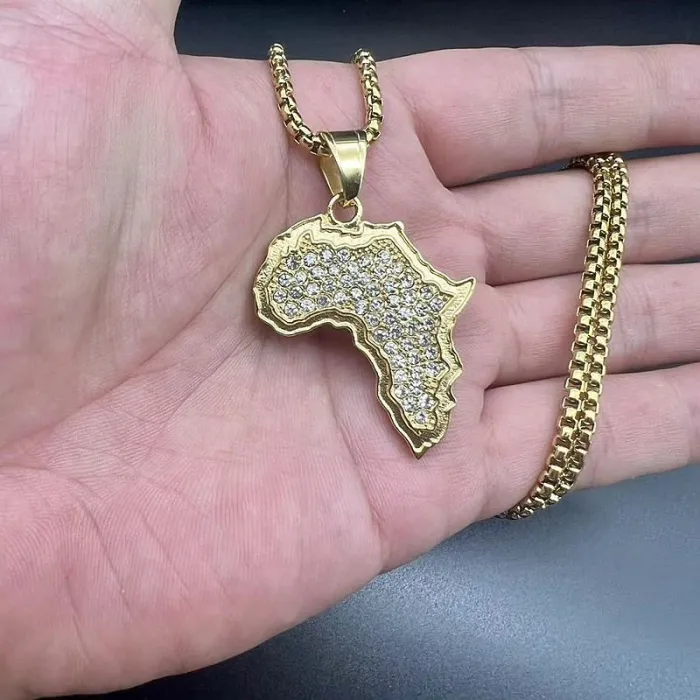 Wholesale Hip Hop Africa Map Pendant Necklace | Titanium Steel Gold Plated CZ Bulk Supplier & Factory Price