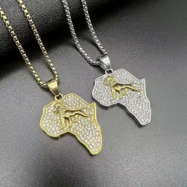 Wholesale Hip Hop Africa Map Lion Pendant Necklace | Titanium Steel Gold Plated CZ Bulk Supplier & Factory Price - Jewelryto