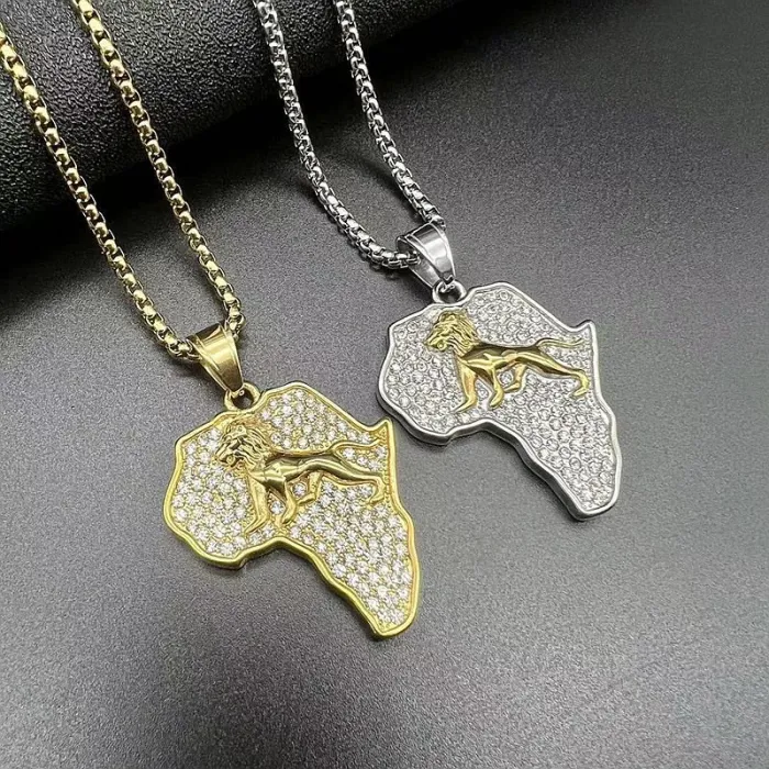 Wholesale Hip Hop Africa Map Lion Pendant Necklace | Titanium Steel Gold Plated CZ Bulk Supplier & Factory Price