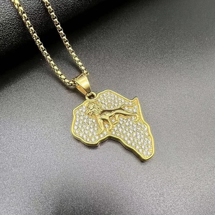 Wholesale Hip Hop Africa Map Lion Pendant Necklace | Titanium Steel Gold Plated CZ Bulk Supplier & Factory Price