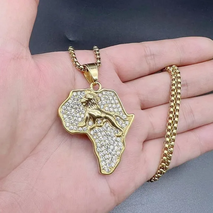 Wholesale Hip Hop Africa Map Lion Pendant Necklace | Titanium Steel Gold Plated CZ Bulk Supplier & Factory Price