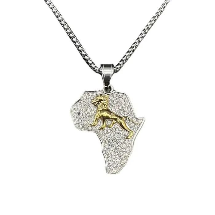 Wholesale Hip Hop Africa Map Lion Pendant Necklace | Titanium Steel Gold Plated CZ Bulk Supplier & Factory Price