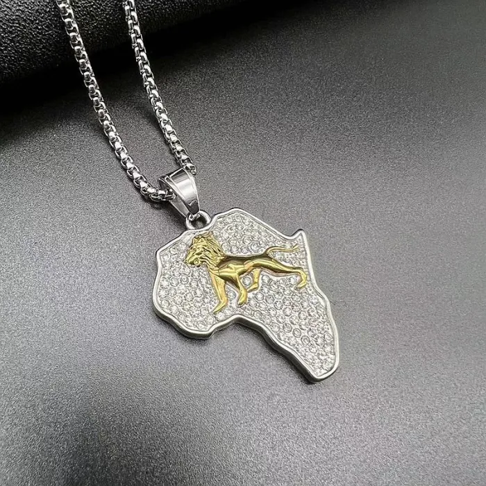 Wholesale Hip Hop Africa Map Lion Pendant Necklace | Titanium Steel Gold Plated CZ Bulk Supplier & Factory Price
