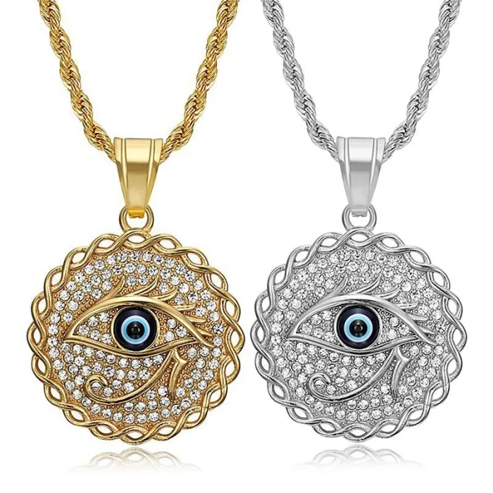 Wholesale Hip Hop Blue Eye of Horus Pendant Necklace | Titanium Steel Gold Plated CZ Bulk Supplier & Factory Price
