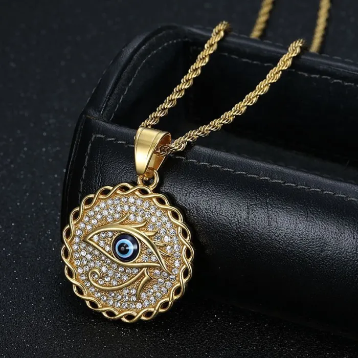 Wholesale Hip Hop Blue Eye of Horus Pendant Necklace | Titanium Steel Gold Plated CZ Bulk Supplier & Factory Price