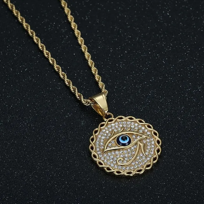 Wholesale Hip Hop Blue Eye of Horus Pendant Necklace | Titanium Steel Gold Plated CZ Bulk Supplier & Factory Price