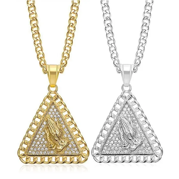 Wholesale Hip Hop Triangle Prayer Hands Pendant Necklace | Titanium Steel Gold Plated CZ Bulk Supplier & Factory Price