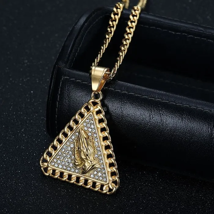 Wholesale Hip Hop Triangle Prayer Hands Pendant Necklace | Titanium Steel Gold Plated CZ Bulk Supplier & Factory Price