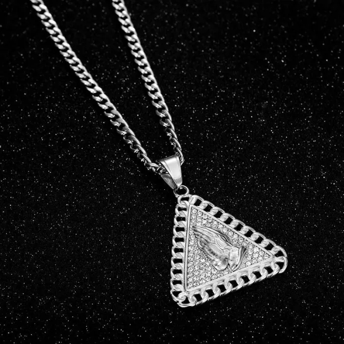 Wholesale Hip Hop Triangle Prayer Hands Pendant Necklace | Titanium Steel Gold Plated CZ Bulk Supplier & Factory Price