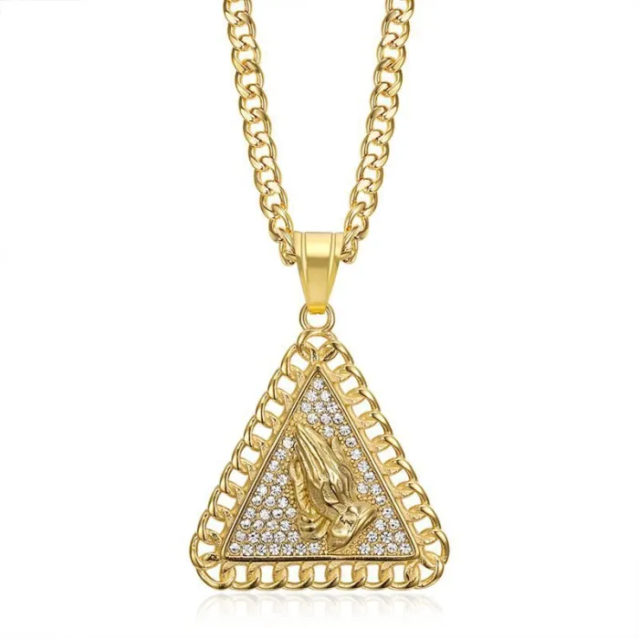 Wholesale Hip Hop Triangle Prayer Hands Pendant Necklace | Titanium Steel Gold Plated CZ Bulk Supplier & Factory Price