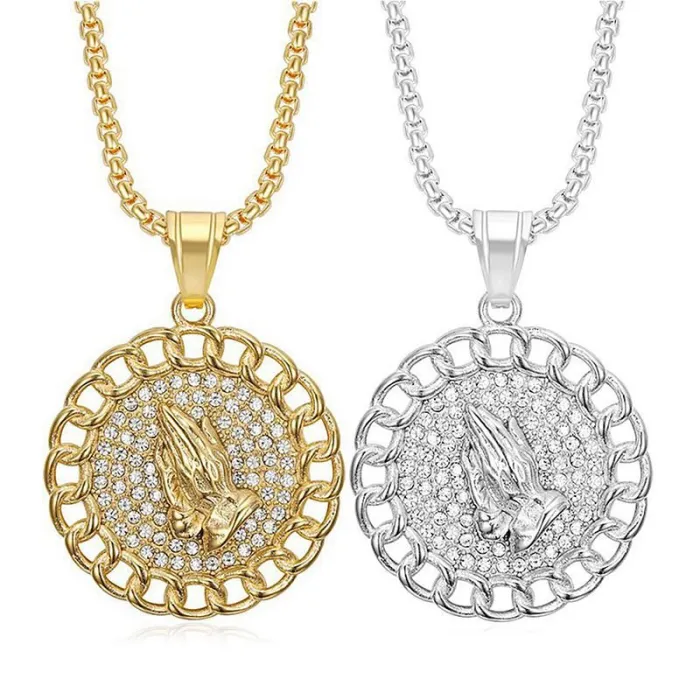 Wholesale Hip Hop Prayer Hands Pendant Necklace | Titanium Steel Gold Plated CZ Bulk Supplier & Factory Price