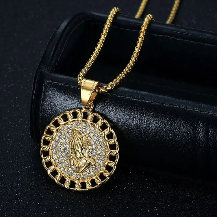 Wholesale Hip Hop Prayer Hands Pendant Necklace | Titanium Steel Gold Plated CZ Bulk Supplier & Factory Price