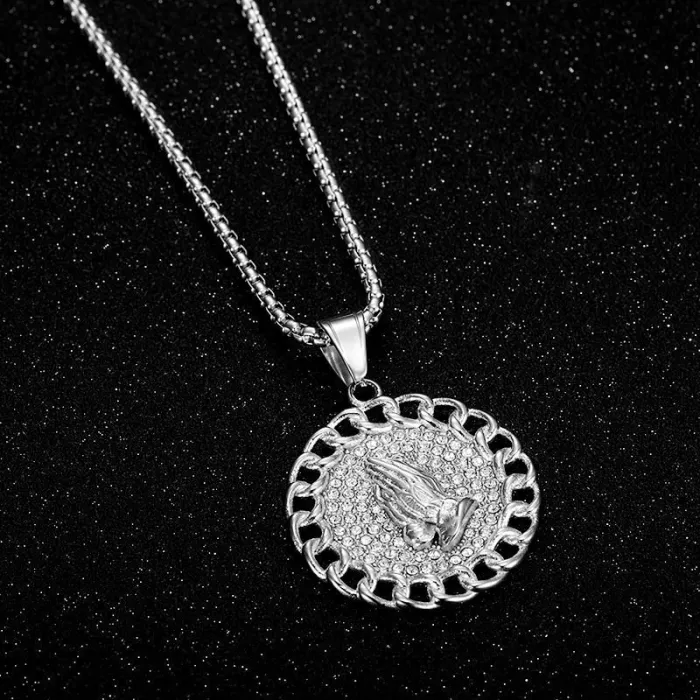 Wholesale Hip Hop Prayer Hands Pendant Necklace | Titanium Steel Gold Plated CZ Bulk Supplier & Factory Price